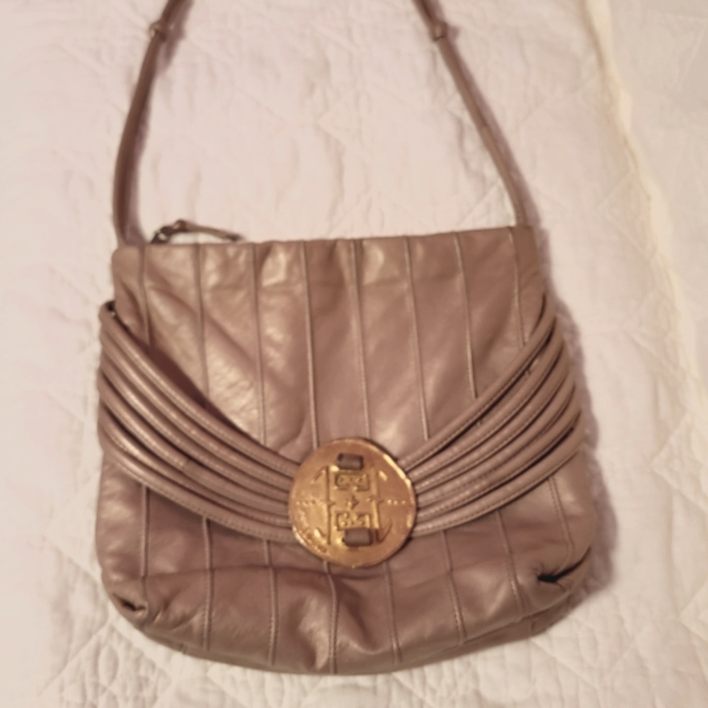 Sharif Made In USA Beige With Shimmer Crossbody Medium Leather Bag